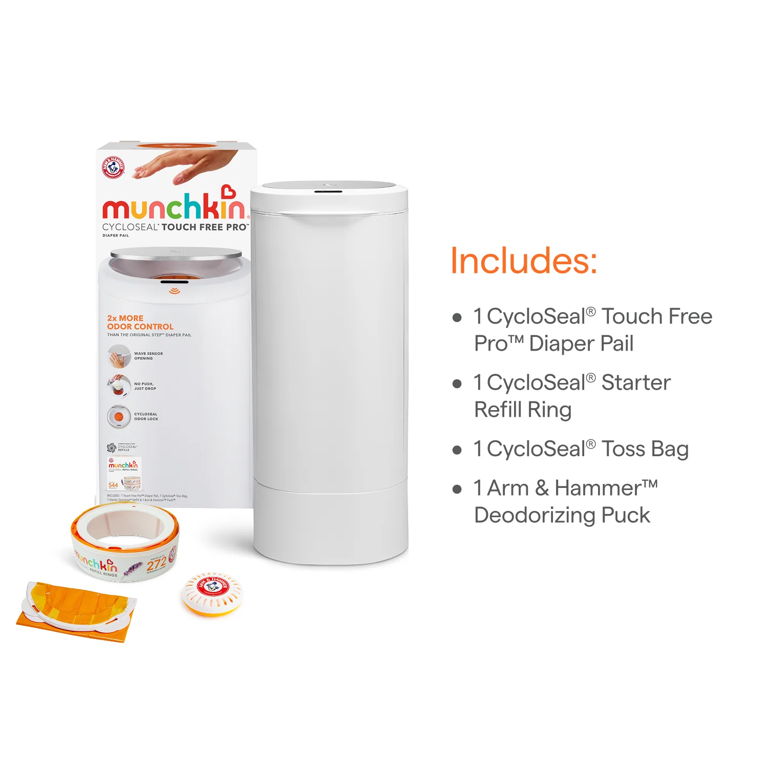 Pañalero CycloSeal Touch Free Pro con brazo y bicarbonato de sodio Arm & Hammer